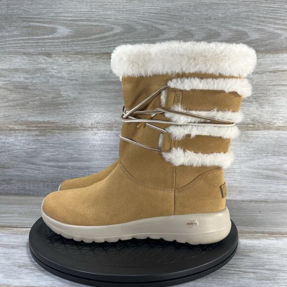 Skechers Women’s Cyclone Tan Suede White Faux Fur Lined Winter Boots Size 7 - Picture 1 of 9